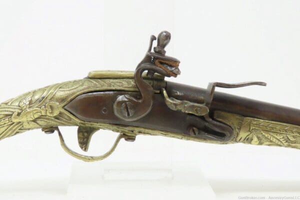 ORNATE ENGRAVED Antique BRASS Balkan FLINTLOCK Pistol Greece Bosnia Albania - Image 4